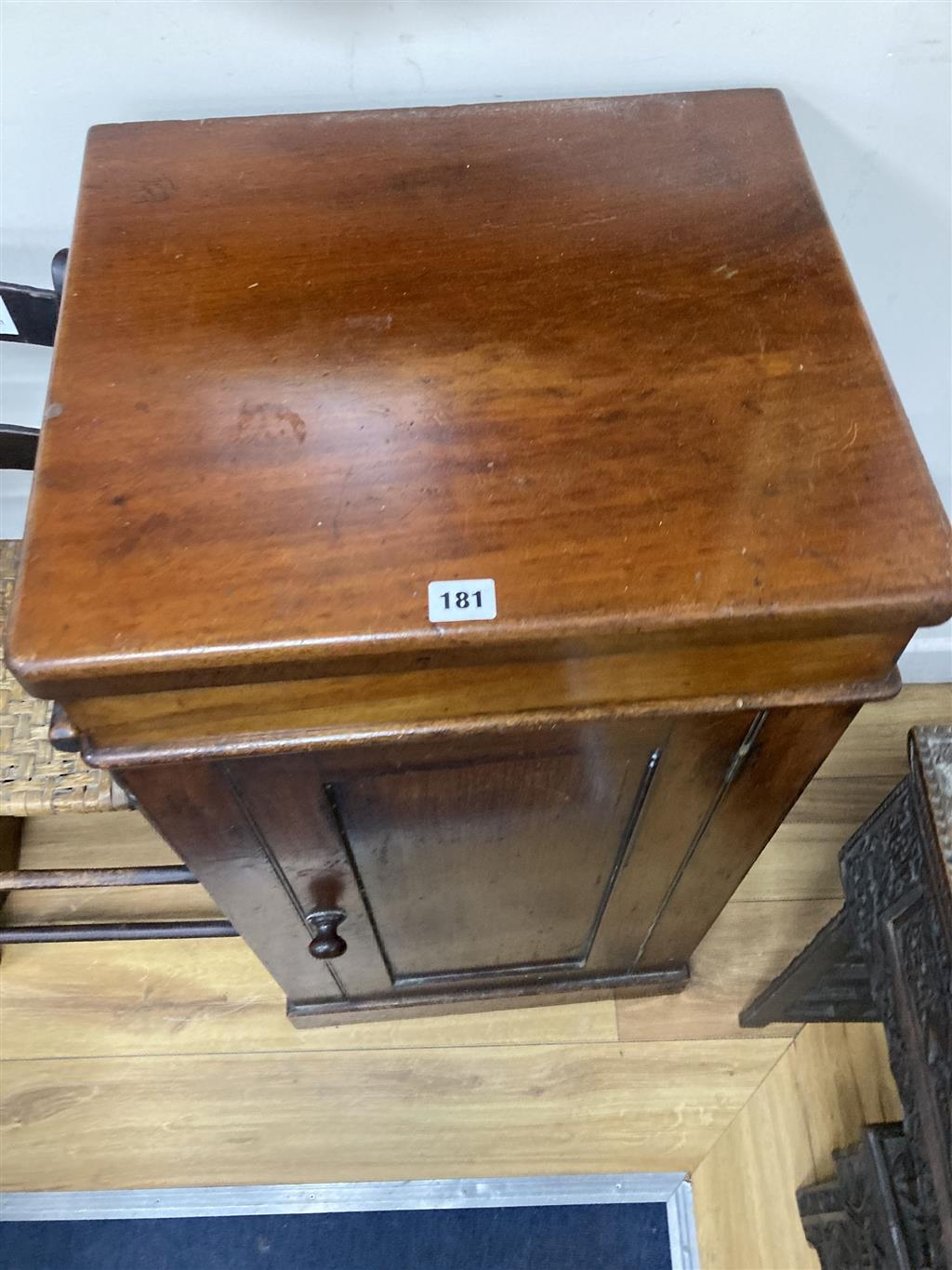 A Victorian mahogany pedestal cupboard, width 46cm depth 40cm height 87cm, together with a childs correction chair